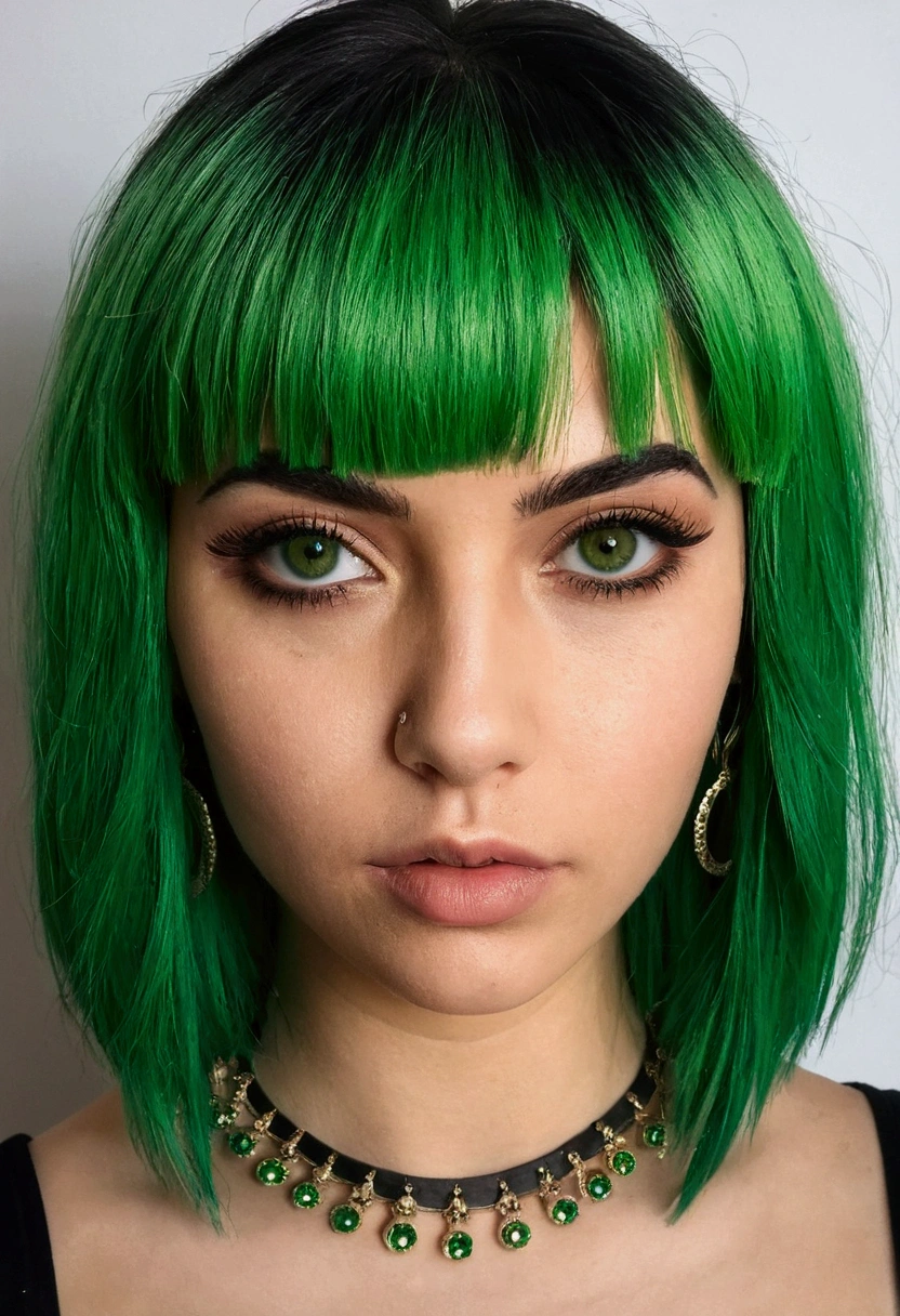 realista com franja e olhos verdes e um cabelo loiro curto com mechas pretas e piercing no nariz fazendo sinal 🤘 com língua pra fora