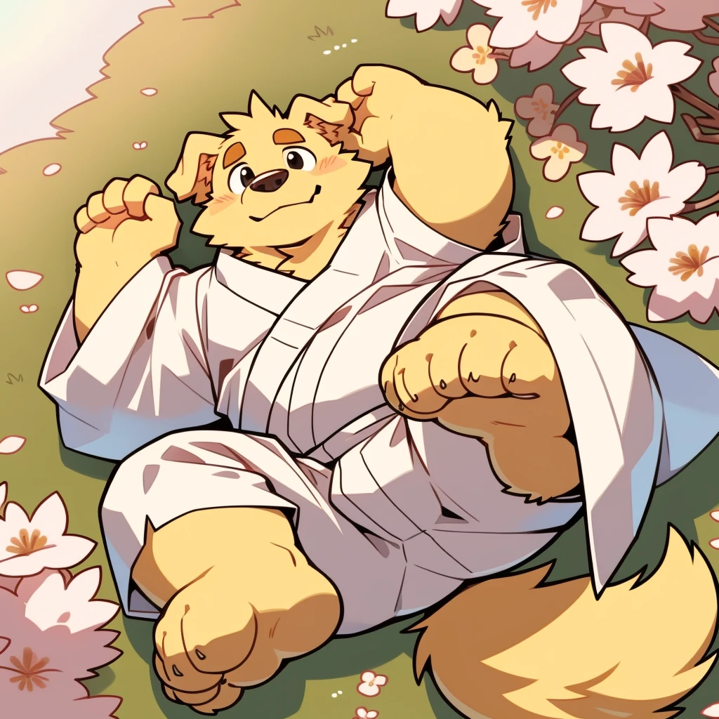 Scribble Golden Retriever face,Cute face,Humanity(Golden Retriever),(White Kimono:1.3),Chubby,(Brown eyebrows:1.1),(Perfect black eyes),（artist:Takemoto Arashi）,(Bulging buttocks)，Cherry blossoms，Wolf Tail，Lying position，Furry Paws。