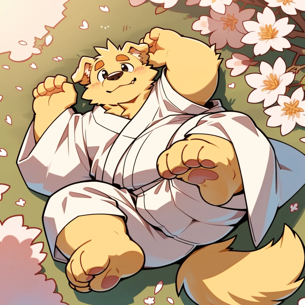 Scribble Golden Retriever face,Cute face,Humanity(Golden Retriever),(White Kimono:1.3),Chubby,(Brown eyebrows:1.1),(Perfect black eyes),（artist:Takemoto Arashi）,(Bulging buttocks)，Cherry blossoms，Wolf Tail，Lying position，Furry Paws。