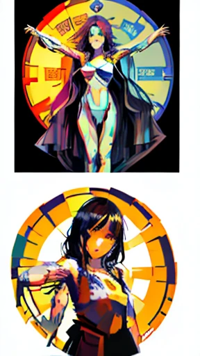 ((Highest quality)), ((masterpiece)), (detailed), Tarot, Artistic, mysterious, One Girl, sexy, 黒hair, Small eyes,Black clothes, look up, whole body,hair,Fair skin,長いhair,Four arms, Open your arms, Vitruvian Man, Vitruvius' human body diagram

