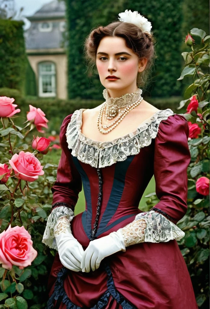 (( Woman Portrait)), ( Victorian Fashion Style), Rose Garden, Classic, Rotten Row, English Style, Nobleman, Elegantism,scene of opulence --c 22 --ar 27:40 --s 999 --v 6.0