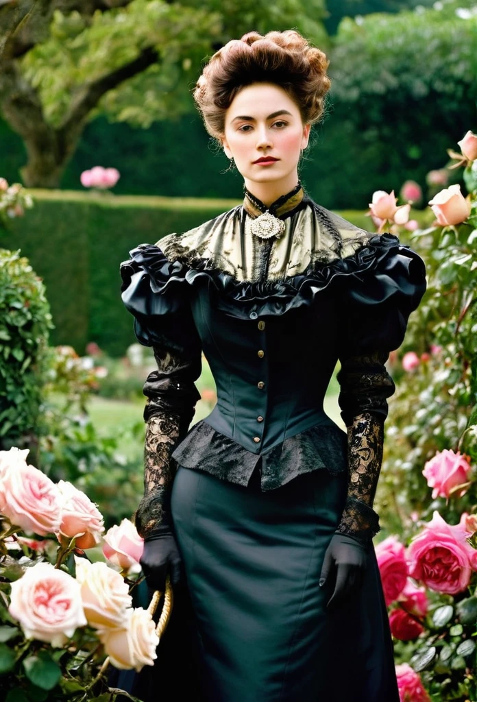 (( Woman Portrait)), ( Victorian Fashion Style), Rose Garden, Classic, Rotten Row, English Style, Nobleman, Elegantism,scene of opulence --c 22 --ar 27:40 --s 999 --v 6.0