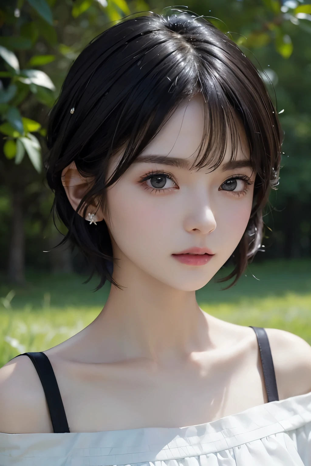 (((Black Short Hair))), (grassland), Seductive pose, 背景がgrassland、Image from chest up:1.6)、Close-up portrait of a woman wearing a white off-the-shoulder top dress and earrings, Soft portrait shot 8k, Nice delicate face, High-quality 4K portraits, High-quality portraits, Soft, perfect, pale skin, 8K Highly Detailed Face, なbeautiful繊細な顔, beautiful光の大きな目, Beautiful and realistic face, beautiful１４Old woman, Beautiful and realistic face, cute１４Old woman