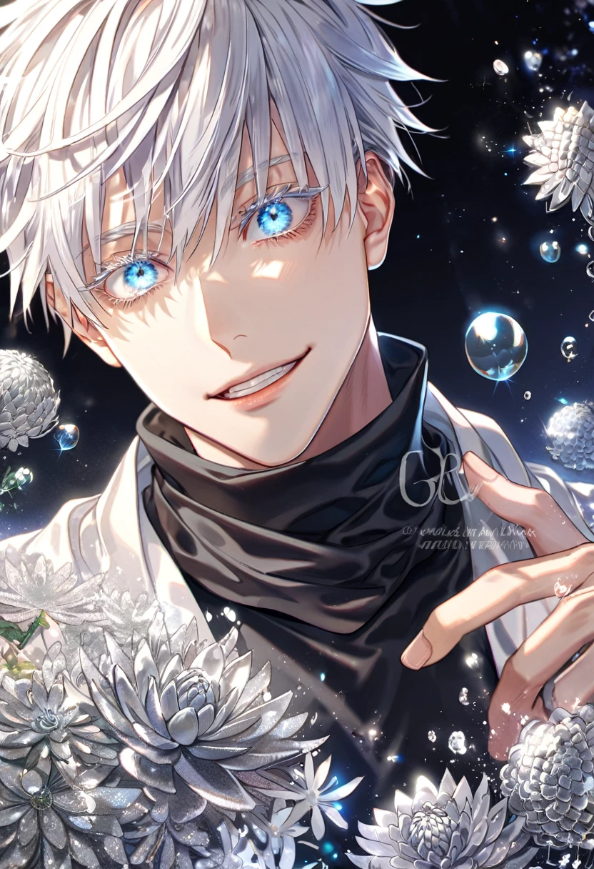 absurdres, highres, ultra detailed, HDR, master piece, best quality, extremely detailed, Gojou Satoru, white hair, expressive blue eyes, white eyelashes, Jujutsu Kaisen, solo, sexy man, handsome, smile, white haori, black scarf, black tight T-shirt, fantasy, water, sparkling, silver glittering fireflies, silver moon, silver blossoms, silver chrysanthemums, silver sparkling lights, starry sky, magical