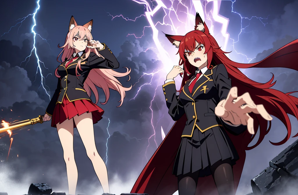 ((beautiful face)),1girl ,20s,mature female,solo,(red hair),long hair,red eyes,fox ears.serious,necktie,black jacket, blazer,long sleeves,pleated skirt,hair between eyes, wide shot, (Wet hair)、(Super big lightning shines:1.2)、A huge lightning strikes behind,standing drenched in park in heavy rain,Wind, Ephemeral,Dramatic,(Stand with your legs spread、Spread his hands with goo and very angry:1.4)