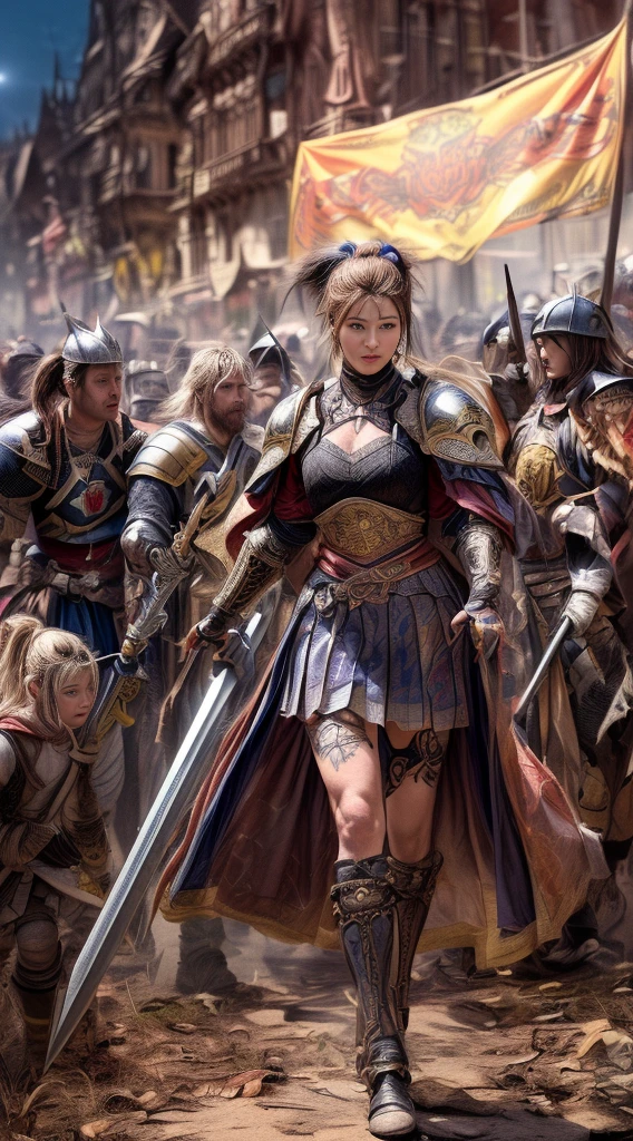 Very beautiful woman、Very tall woman、((logic))、(Detailed face)、Realistic Skin、((Knights of the Earth)), (((Light brown and black armor:1.25)))、((((非常に繊細で装飾が施されたLight brown and black armor))))、((Delicate photo)),(Girl Astepeace RAW Photo Details:1.25), (Highest quality:1.6), (Ultra-high resolution:1.5), (Realistic:1.75), 8K resolution, Canon EOS R5, 50mm, Absurd, Super detailed,Cinema Lighting,Battlefields of Medieval Europe、((Fight))、RPG World、Final Fantasy、(((Decorative skirt)))、Thigh-high socks、Shingard、night、((((Messy center parted high ponytail))))、((Get a six pack))、Torn Cloak、((Beautiful Armor))、(((Huge Weapons)))、In combat、The wind is blowing、(((Leading a large group of knights:1.3)))、(((Knight Commander)))、(banner)、Ape coat of arms、(((The main color is light brown)))、(((Black tribal tattoos)))、Dust、(((Wearing fur)))、(Rocky area)、(((Battle Scenes)))