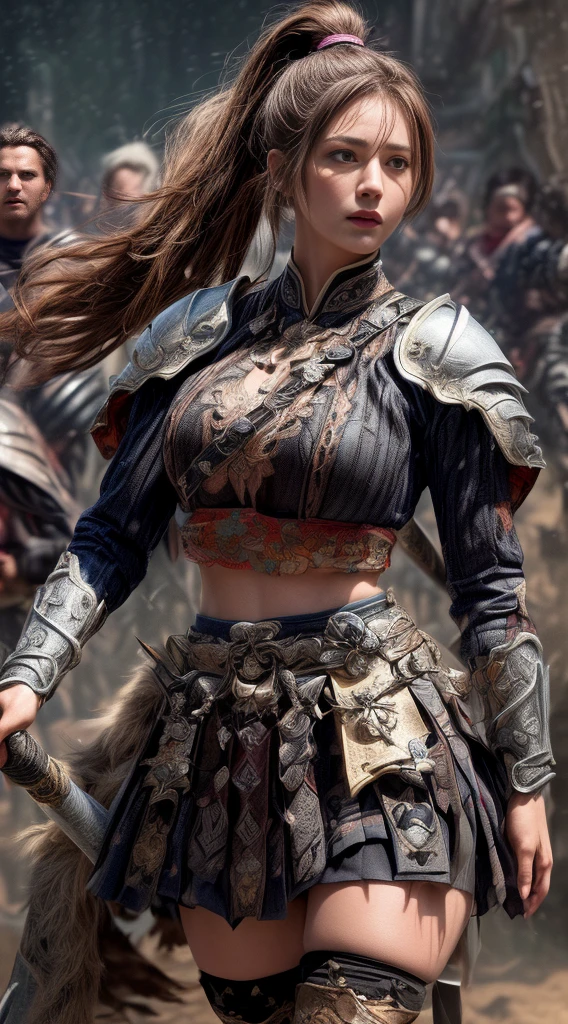 very very beautiful woman、very tall woman、((Logic))、(face detailed)(((breasts big)))、realisitic Skin、((Knattas of the Earth)), (((Light brown and black armor:1.25)))、((((非常に繊細で装飾が施されたLight brown and black armor))))、((delicate photo)),(Asstepeace girl RAW photo details:1.25), (highest quallity:1.6), (ultra-high resolution:1.5), (realisitic:1.75), 8K resolution, Canon EOS R5, 50mm, absurdrez, super verbose,Cinema lighting,Battlefields of Medieval Europe、((fight))、rpg world、final-fantasy、(((Decorative skirt)))、thigh high socks、tiling、natta、((((Messy High Ponytail with Center Part))))、((Get a torn package of seanto、((beautiful armor))、(((Huge weapons)))、In combat、the wind is blowing、(((Leading a large group of knattas:1.3)))、(((Knatta Commander)))、(flag)、Monkey coat of arms、(((The main color is light brown)))、(((black tribal tattoos)))、dust、(((vestindo pele)))、(rocky area)、(((battle scenes)))