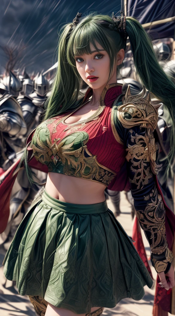 Very beautiful girl、Laughter、thin、(((Low length)))、(Detailed face)、Realistic Skin、((Holy Knight)), ((Dark green armor))、((((A black armor with extremely detailed and intricate decoration.:1.1))))、((Delicate photo))，(Girl Astepeace RAW Photo Details:1.25), (Highest quality:1.6), (Ultra-high resolution:1.5), (Realistic:1.75), 8K resolution, Canon EOS R5, 50mm, Absurd, Super detailed,Cinema Lighting,((Fightfield))、((Fight))、(((Decorative green skirt)))、Thigh-high socks、Shingard、((Dark green hair))、((Twin tails))、((Hairstyle with bangs))、Get a six pack、Cape、Beautiful Armor、(((Has a huge weapon)))、(In combat)、The wind is blowing、((Symmetrical armor))、((((tornado))))、(((Lead a large group of knights:1.2)))、banner、Lion-themed armor