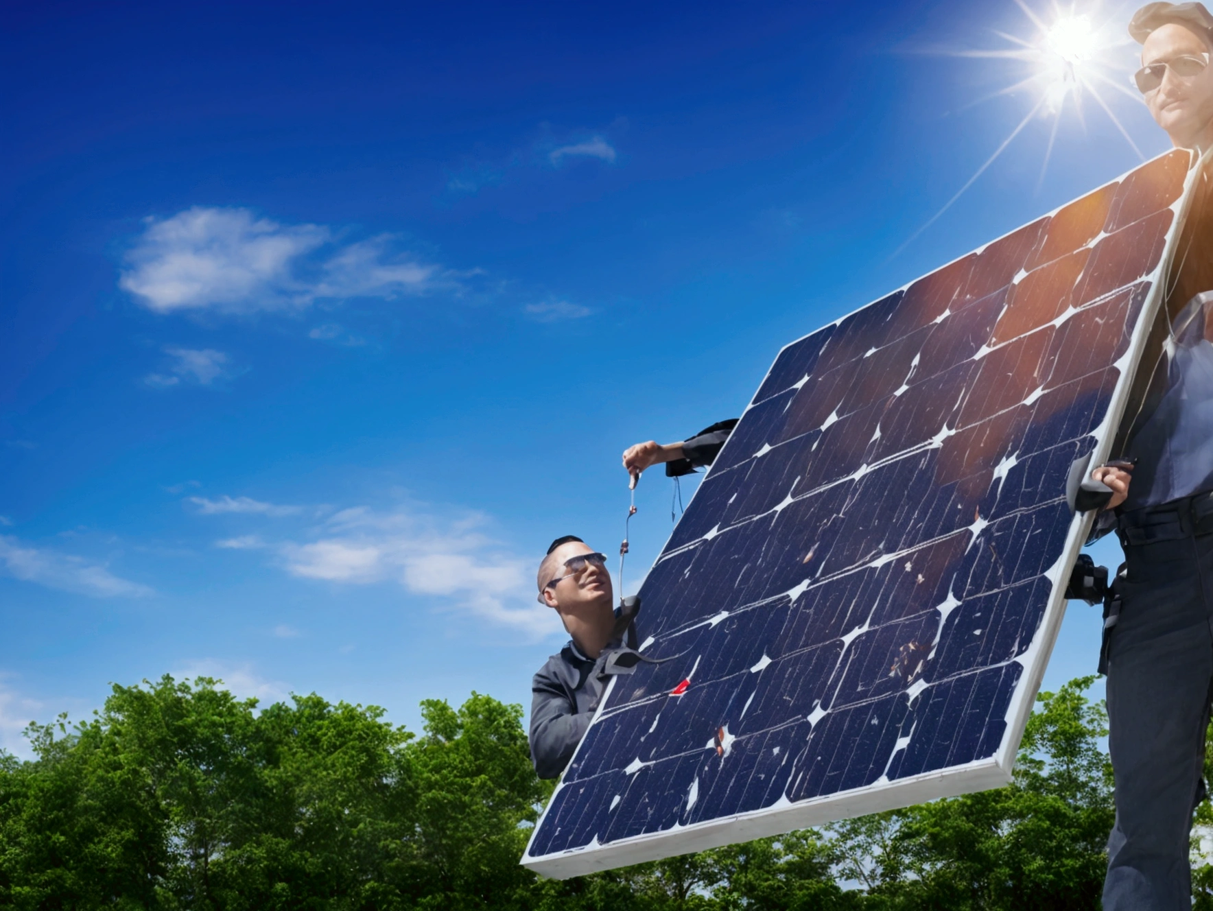 Realistic. High image quality. Art. A solar panel man, with solar panels attached to his entire body. The sun is in the background and the panels reflect the sunlight.