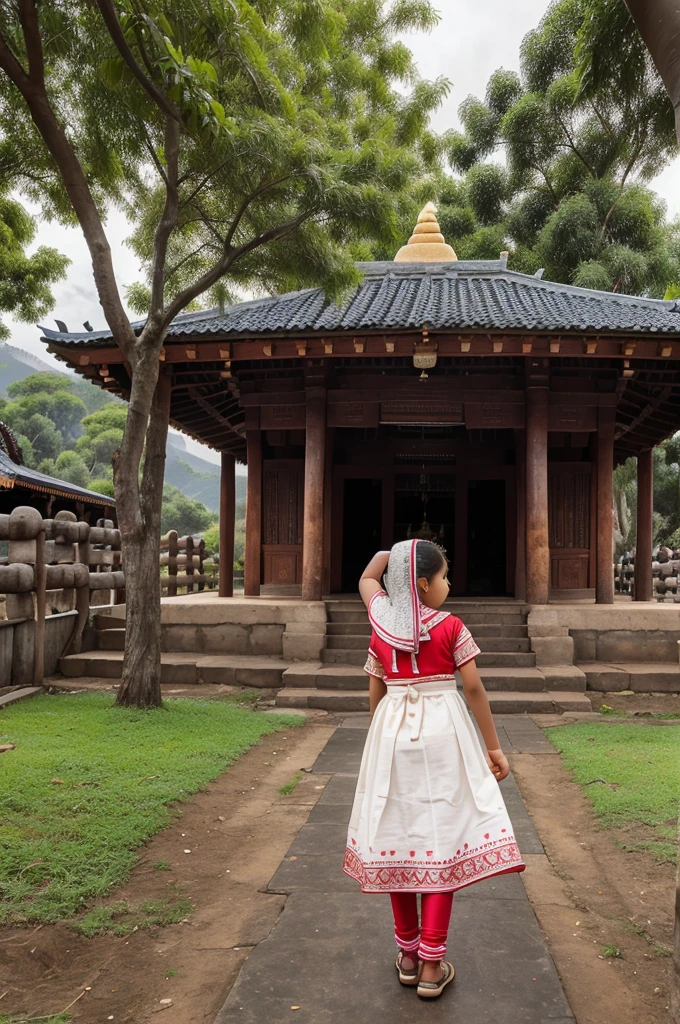 Birthday wishes to 11 years old girl and cloudy climate with a traditional wear dress and traditional temple look back side with tress mountains like a traditional Indian girl birthday celebration 