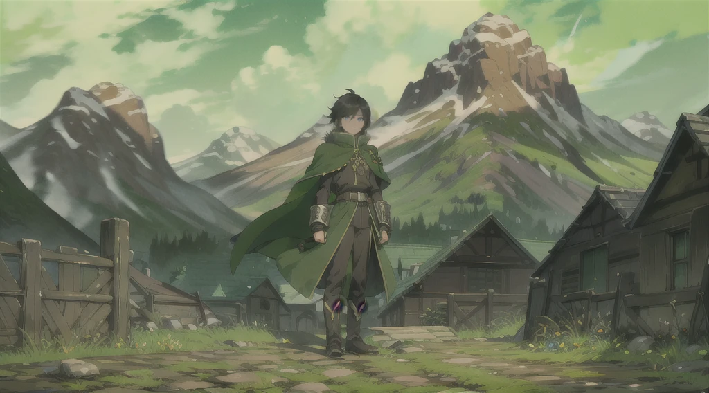 yuichiro hyakuya, (WithoutFear:1), 1 boy, black hair, green eyes, brown coat, gray armor, green shield, green cloak, dark brown gloves, town, white fur trim, tall, anime, standing, good quality, portrait, looking at viewer