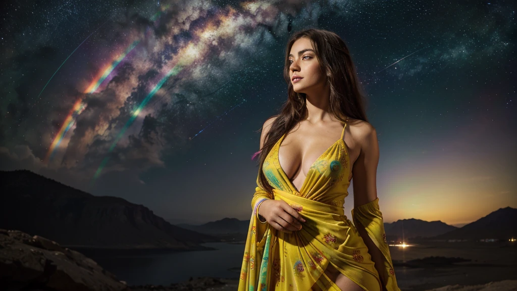 Background: a realm where galaxies collide and celestial clouds swirl. A glow from a thousand cosmic furnaces. Add bright, contrasting swirls of yellow, red, purple and green. Add lots of bright, contrasting colors. Add bright, contrasting swirls of yellow, red, purple and green. Add lots of bright, contrasting colors. Add bright, contrasting swirls of yellow, red, purple and green. Add lots of bright, contrasting colors. Add wide swaths of contrasting colors as clouds, rainbows, nebulaes, stars... lots of colors, bright contrasting colors.
Foreground: a beautiful woman is standing, looking directly at the camera, divine, regal, celestial in appearance. She has long, flowing, dark hair, wide eyes, wearing a long sheer gown cut low in the front, revealing ample cleavage, and cut up the side to her hip.