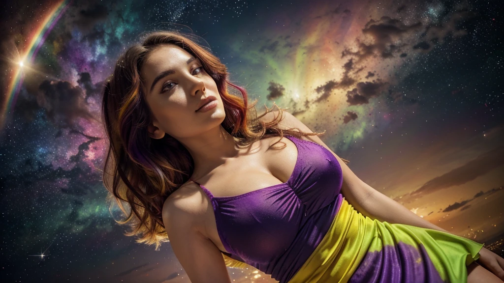 Background: a realm where galaxies collide and celestial clouds swirl. A glow from a thousand cosmic furnaces. Add bright, contrasting swirls of yellow, red, purple and green. Add lots of bright, contrasting colors. Add bright, contrasting swirls of yellow, red, purple and green. Add lots of bright, contrasting colors. Add bright, contrasting swirls of yellow, red, purple and green. Add lots of bright, contrasting colors. Add wide swaths of contrasting colors as clouds, rainbows, nebulaes, stars... lots of colors, bright contrasting colors.
Foreground: a beautiful woman is standing, looking directly at the camera, divine, regal, celestial in appearance. She has long, flowing, dark hair, wide eyes, wearing a long sheer gown cut low in the front, revealing ample cleavage, and cut up the side to her hip. 