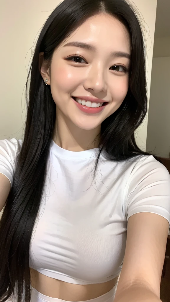 White tight skinny shirt、White tight ofa、smile、Short sleeve、high resolution、Korean idol face、White teeth、long black hair