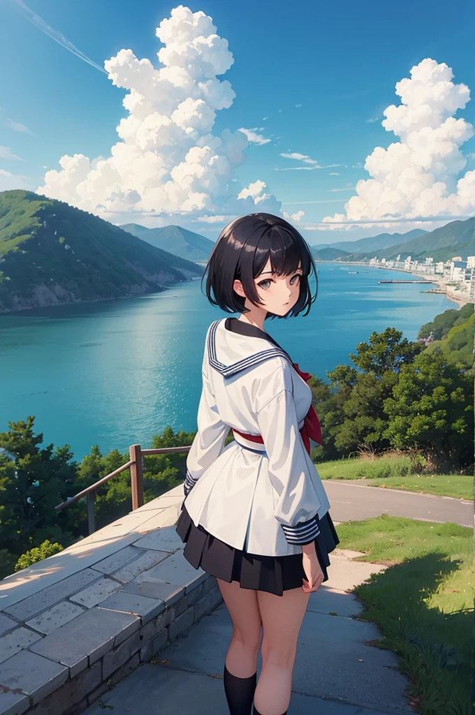 ((Highest quality)), ((masterpiece)), (detailed), One girl,Black Hair，short hair，Sailor suit，blue sky，cumulonimbus，Back view，Gazing into the distance、Japanese countryside、A slope with a view of the sea、Anime Style