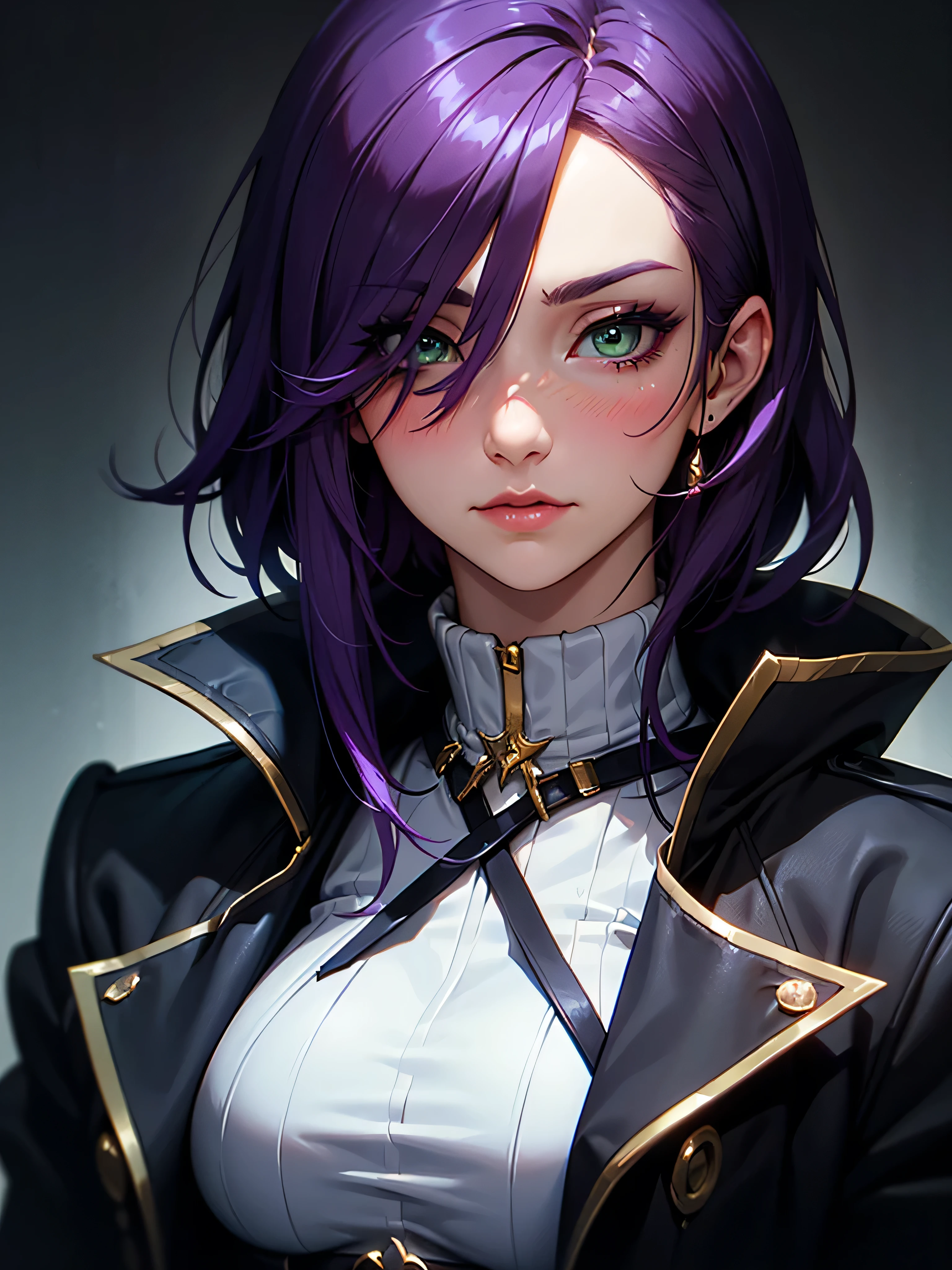 ((Portrait)), She has an Elegant, Purple-Haired Appearance, with Youthful Charm, Fair Skin, and a Muscular Build. She Expresses a Serious and Blushing Look, Giving Off an Introverted Attitude. She has Light Green Eyes, and Her Hair is Short and Neat, Dark Purple, with Strands Falling Over Her Face, Covering Her Eye. She Wears a Large Dark Winter Coat, with Tight-fitting Straps. ((Portrait, HDR, Dark Background))