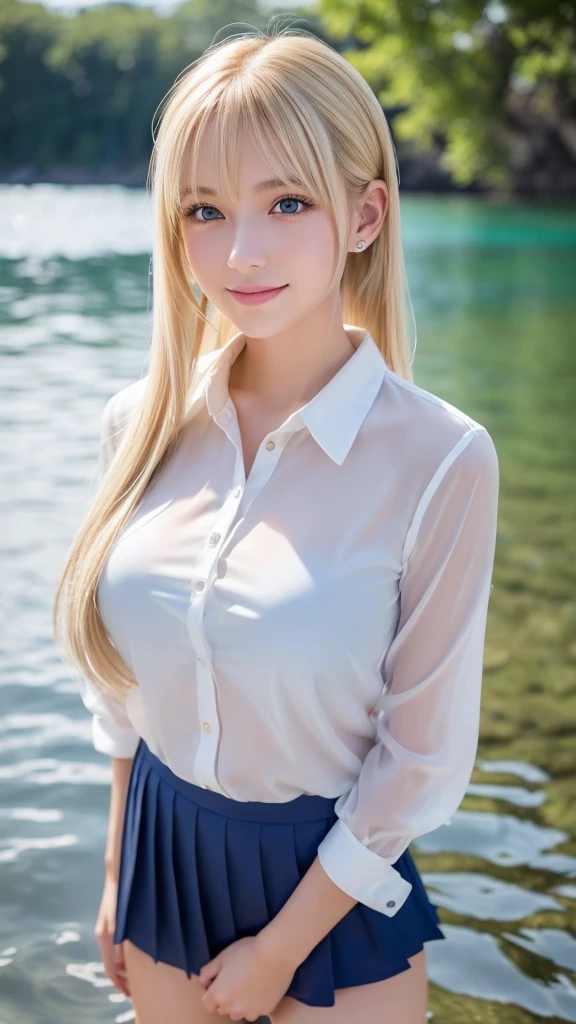 (8K), (Best Quality), (masutepiece:1.2), (Realistic), (Photorealistic:1.37), Ultra-detailed, 1girl in, Cute,((Just get out of the lake)),Smile,Beautiful detailed eyes, beautiful detailed nose, Full body, Wet hair, middlebreasts, ((Dramatic Lighting)),see through,((Wet)),((see through)),(((Pose Seductive))),(((stroking your hair with one hand)))、School Uniforms、bright expression、poneyTail、Young shiny shiny white shiny skin、Best Looks、Blonde reflected light、Platinum blonde hair with dazzling highlights、shiny light hair,、Super long silky straight hair、Beautiful bangs that shine、Glowing crystal clear attractive big blue eyes、Very beautiful nice cute  girl、Lush bust,White and beautiful blouse、((Rejoice with the whole body 1.5))++、