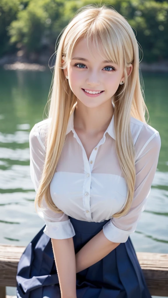 (8K), (Best Quality), (masutepiece:1.2), (Realistic), (Photorealistic:1.37), Ultra-detailed, 1girl in, Cute,((Just get out of the lake)),Smile,Beautiful detailed eyes, beautiful detailed nose, Full body, Wet hair, middlebreasts, ((Dramatic Lighting)),see through,((Wet)),((see through)),(((Pose Seductive))),(((stroking your hair with one hand)))、School Uniforms、bright expression、poneyTail、Young shiny shiny white shiny skin、Best Looks、Blonde reflected light、Platinum blonde hair with dazzling highlights、shiny light hair,、Super long silky straight hair、Beautiful bangs that shine、Glowing crystal clear attractive big blue eyes、Very beautiful nice cute 16 year old girl、Lush bust,White and beautiful blouse、((Rejoice with the whole body 1.5))++、