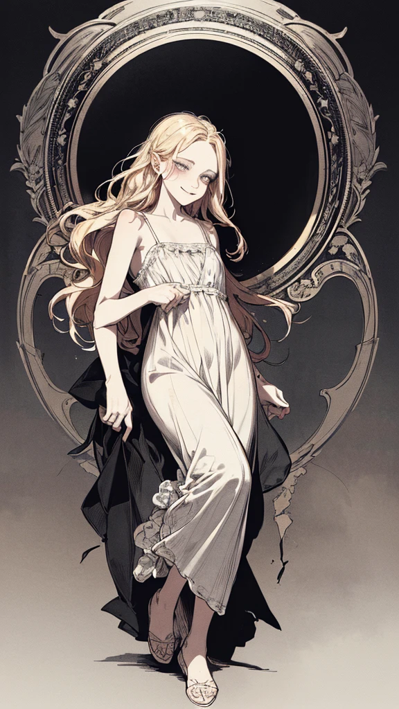 Highest quality, (Background details), High Contrast, Very beautiful , Detailed original illustrations,very small stature、Baby Face、Villain、gnome,Villain、 Wavy platinum blonde hair、 Delicate face, Spoiled brat、White sundress、Real breasts, Flat Chest、Crazy Smile, Crazy Eyes, Black background, (Black background: 1. 5), Beautiful line art, Monochrome