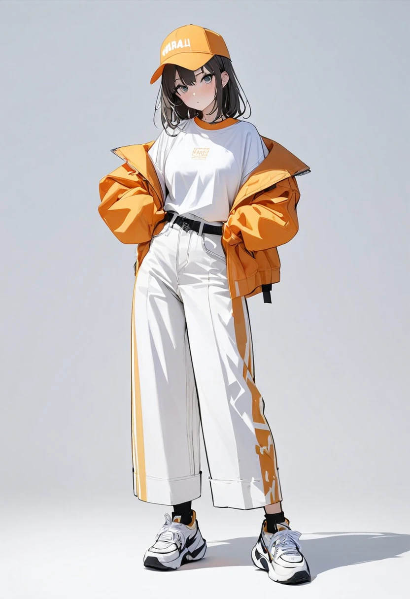 (masterpiece、Highest quality:1.2、8K)、Only one girl in the center、Street Shirts、Wide-leg trousers、Simple sneakers、whole body、Simple Background、White background、