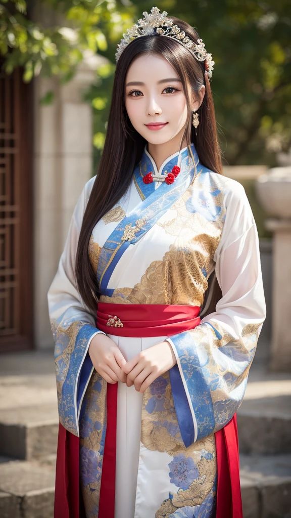 ancient chinese costumeを着て, ((Beautiful fantasy queen)), ancient Chinese Princess, Chinese style, chinese traditional costume, ancient chinese costume, Beautiful fantasy queen, Chinese Princess, Traditional Beauty,smile,, (8K, Raw photo, Highest quality, masterpiece:1.2),(Realistic, photo-Realistic:1.37),whole body、Highest quality, Photorealistic, finely, High resolution, 8Kの壁紙, Perfect dynamic composition, Detailed and beautiful eyes,