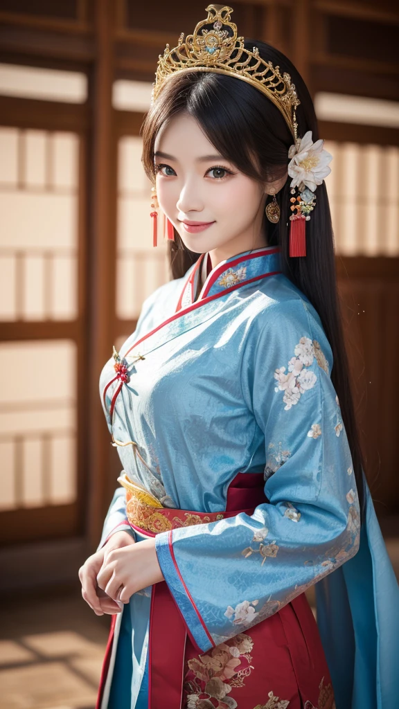 ancient chinese costumeを着て, ((Beautiful fantasy queen)), ancient Chinese Princess, Chinese style, chinese traditional costume, ancient chinese costume, Beautiful fantasy queen, Chinese Princess, Traditional Beauty,smile,, (8K, Raw photo, Highest quality, masterpiece:1.2),(Realistic, photo-Realistic:1.37),whole body、Highest quality, Photorealistic, finely, High resolution, 8Kの壁紙, Perfect dynamic composition, Detailed and beautiful eyes,