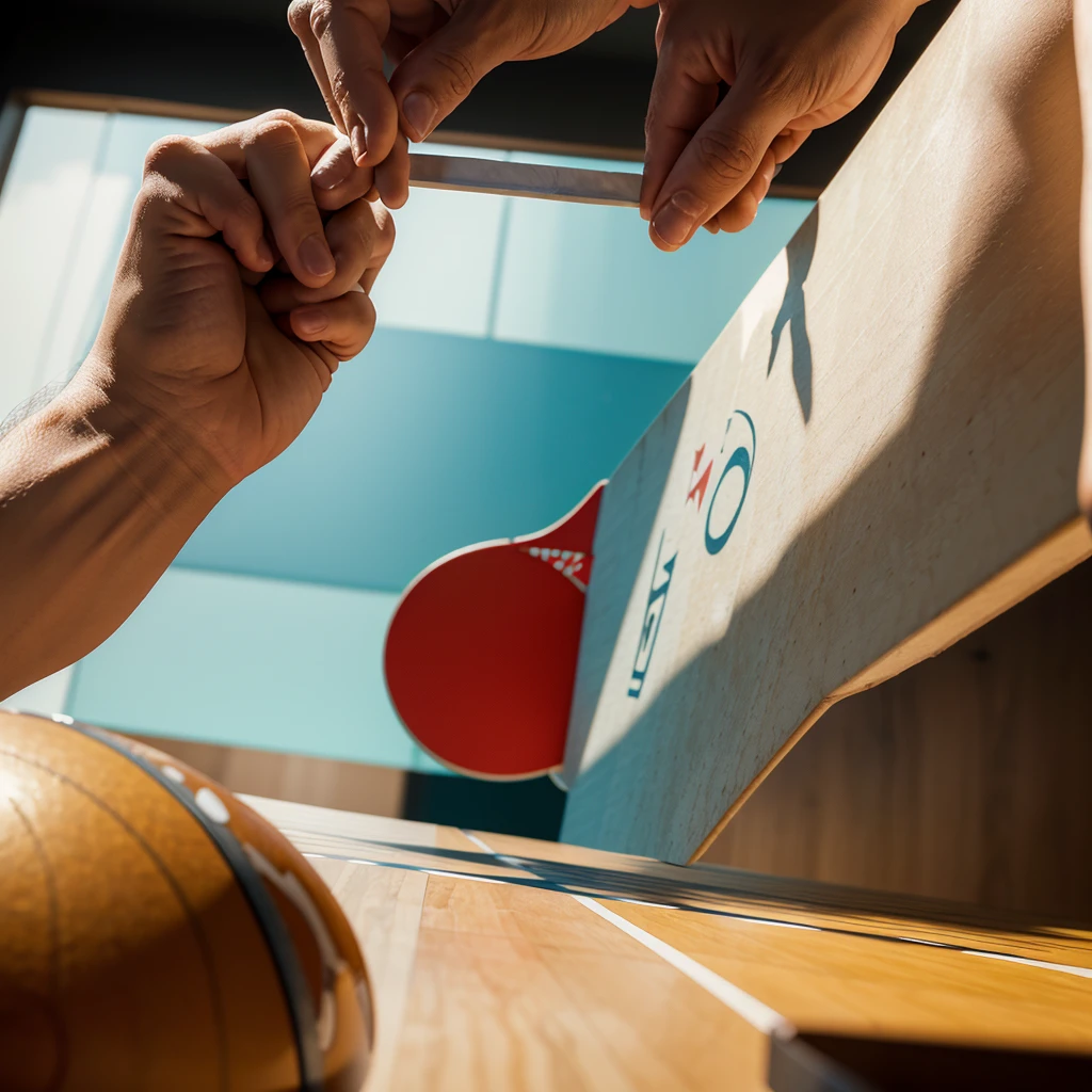 Masterpiece, Great, CG drawing with very high detail., ping pong plane, close up of hand grabbing ping pong paddle