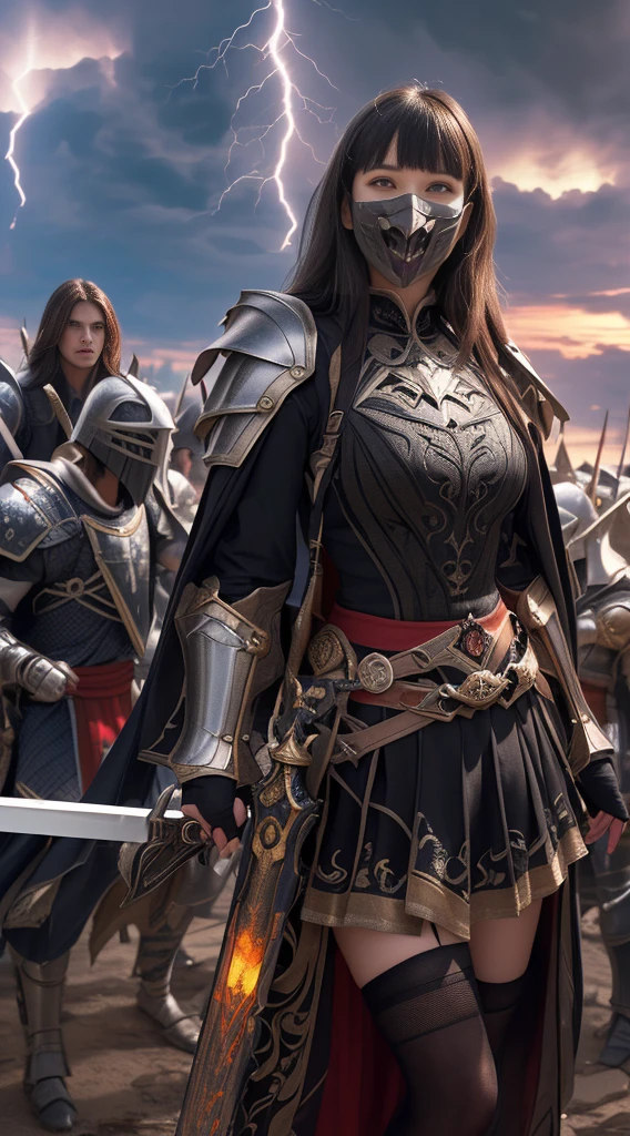 Cowboy Shot、Very beautiful woman、Slender women、(Detailed face)、Realistic Skin、((evil knight)), (Black Armor)、((((非常に細かく複雑な装飾が施されたBlack Armor))))、((Delicate photo))，(Girl Astepeace RAW Photo Details:1.25), (Highest quality:1.6), (Ultra-high resolution:1.5), (Realistic:1.75), 8K resolution, Canon EOS R5, 50mm, Absurd, Super detailed,Cinema Lighting,Battlefields of Medieval Europe、((Fight))、RPG World、Final Fantasy、(((Decorative skirt)))、Thigh-high socks、Shingard、night、((Long hair with bangs,))、Get a six pack、Torn Cloak、Beautiful Armor、(((Giant Sword)))、In combat、The wind is blowing、((Asymmetric Armor:1.5))、(((thunderstorm)))、((Knight Commander))、(((Leading a large group of black knights)))、banner、Wolf Pattern:1.5、(((Battle Scenes)))、(((Creepy Iron Mask)))