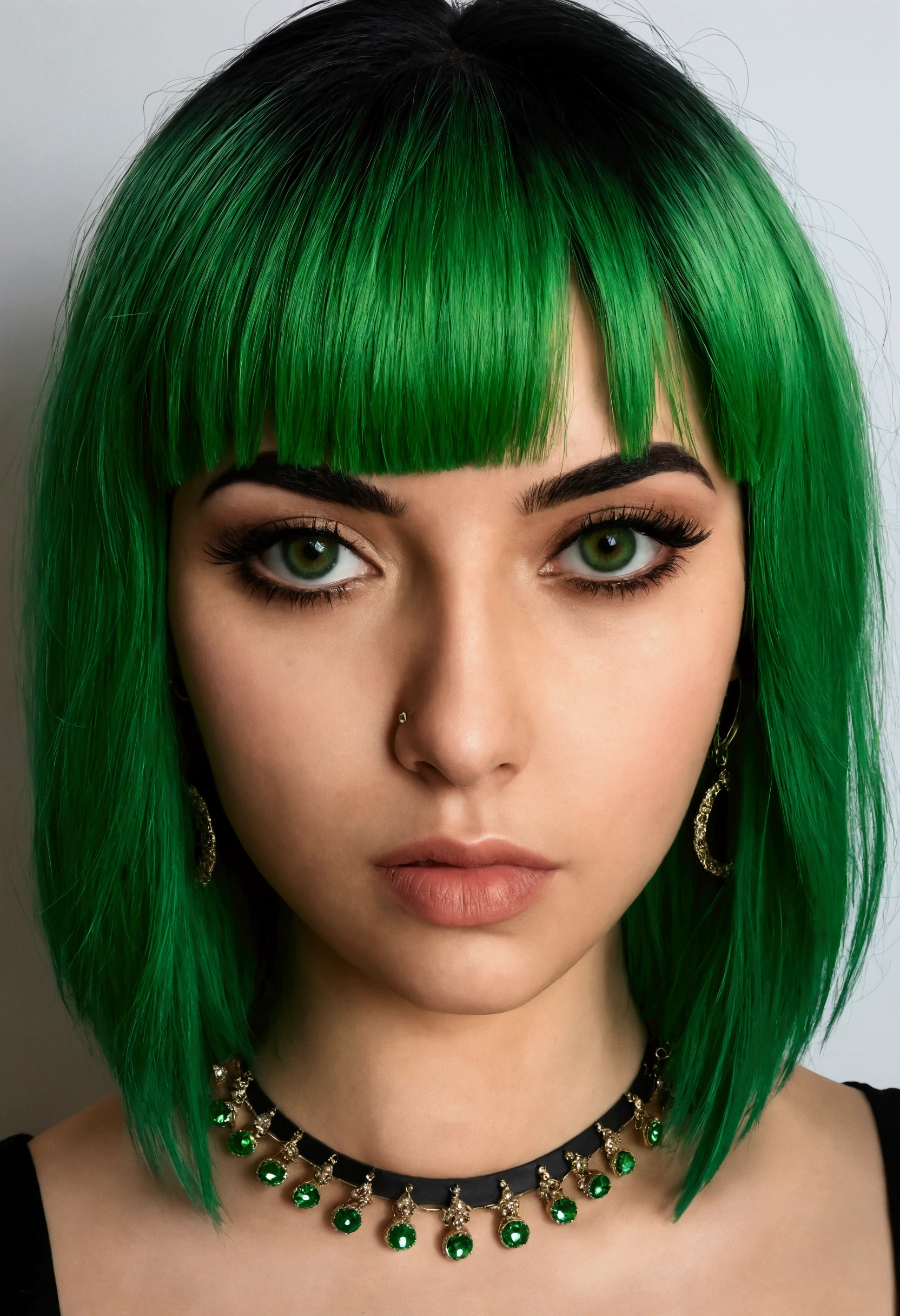   realista com franja e olhos verdes e um cabelo loiro  curto com mechas pretas e piercing no nariz  fazendo sinal 🤘 com língua pra fora 