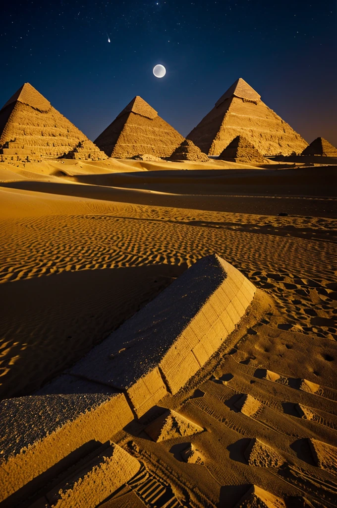 A horizontal image of the pyramids of Giza at night, with the moon in the center