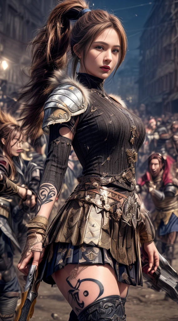 Very beautiful woman、Very tall woman、((logic))、(Detailed face)、Realistic Skin、((Knights of the Earth)), (((Light brown and black armor:1.25)))、((((非常に繊細で装飾が施されたLight brown and black armor))))、((Delicate photo)),(Girl Astepeace RAW Photo Details:1.25), (Highest quality:1.6), (Ultra-high resolution:1.5), (Realistic:1.75), 8K resolution, Canon EOS R5, 50mm, Absurd, Super detailed,Cinema Lighting,Battlefields of Medieval Europe、((Fight))、RPG World、Final Fantasy、(((Decorative skirt)))、Thigh-high socks、Shingard、night、((((Messy center parted high ponytail))))、((Get a six pack))、Torn Cloak、((Beautiful Armor))、(((Huge Weapons)))、In combat、The wind is blowing、(((Leading a large group of knights:1.3)))、(((Knight Commander)))、(banner)、Ape coat of arms、(((The main color is light brown)))、(((Black tribal tattoos)))、Dust、(((Wearing fur)))、(Rocky area)、(((Battle Scenes)))