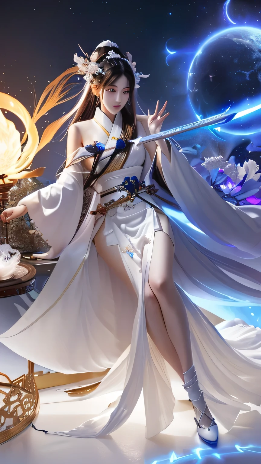 a woman in a white dress holding a sword and a ball, beautiful celestial mage, onmyoji detailed art, full portrait of elementalist, epic mage girl character, heise jinyao, extremely detailed artgerm, keqing from genshin impact, full body xianxia, by Yang J, onmyoji, g liulian art style
