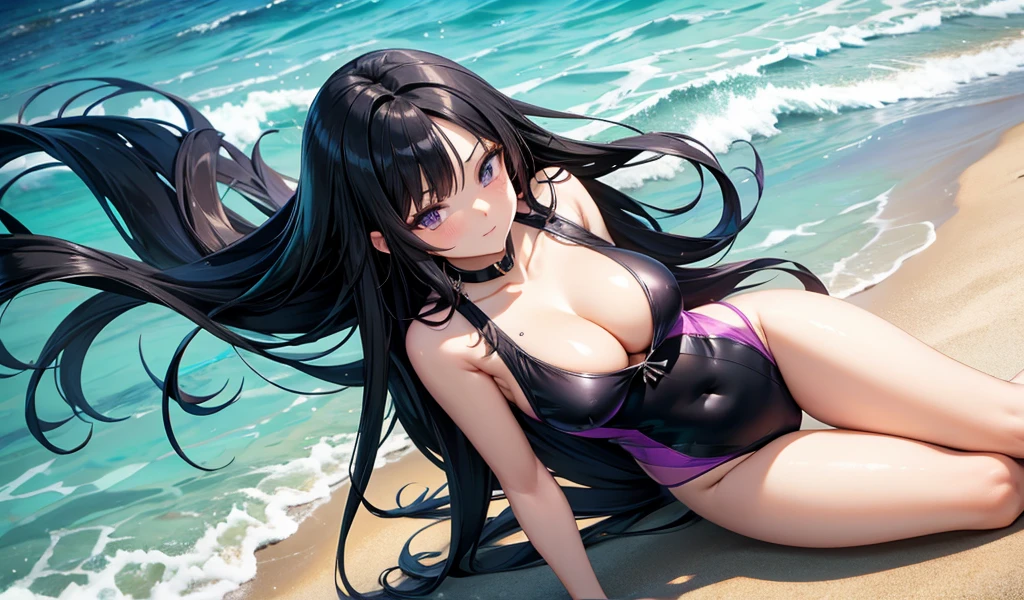 Adult woman with long black straight hair,purple swimsuit,cleavage,thigh,beach