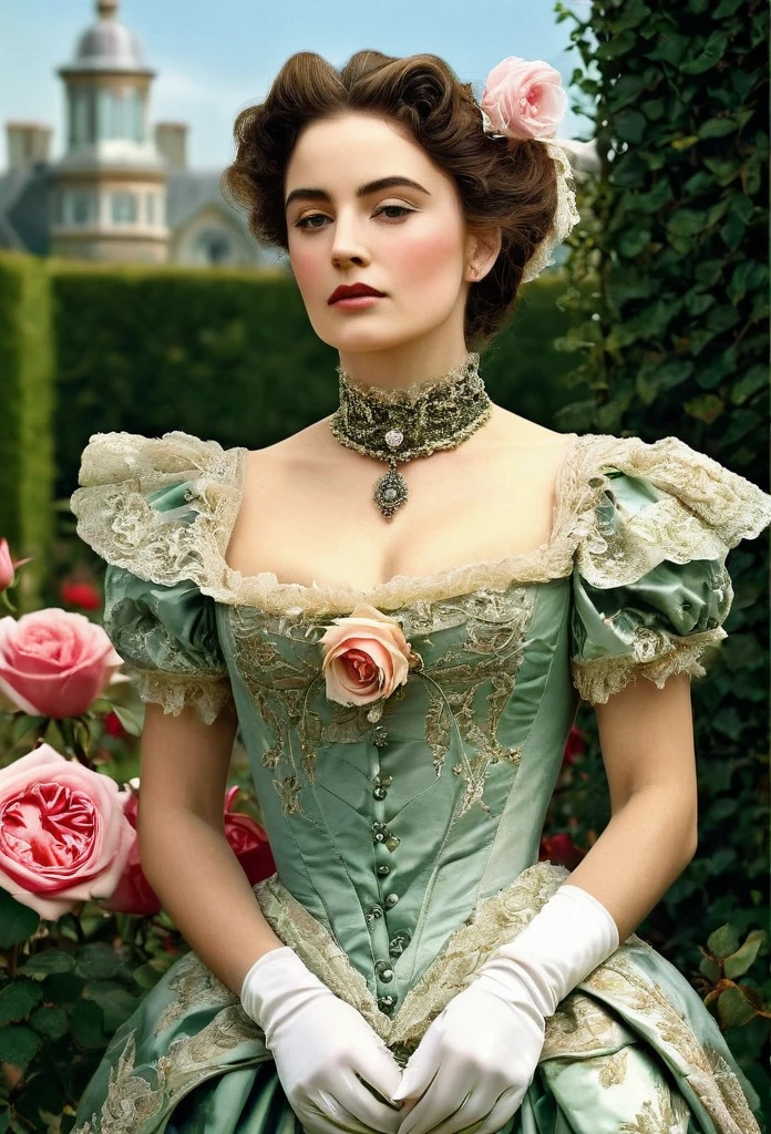 (( Woman Portrait)), ( Victorian Fashion Style), Rose Garden, Classic, Rotten Row, English Style, Nobleman, Elegantism,scene of opulence --c 22 --ar 27:40 --s 999 --v 6.0