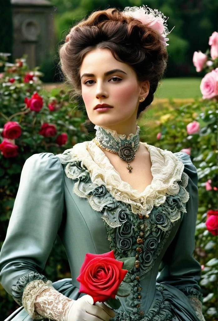 (( Woman Portrait)), ( Victorian Fashion Style), Rose Garden, Classic, Rotten Row, English Style, Nobleman, Elegantism,scene of opulence --c 22 --ar 27:40 --s 999 --v 6.0