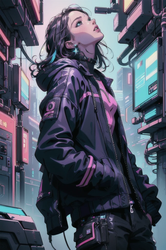 (masterpiece:1.1), (Highest quality:1.1), (detailed:1.1), (Vibrant colors:1.2), break,
(Side view:1.0), (One girl:1.0), (Techwear:1.0), (Sitting:1.0), (tilt your head back:1.2), (look up:1.2), (Put your hands in your pockets:1.0), (cyber punk:1.0), break,
(Starry Night:1.0), (neon:1.1), (Low - Angle:1.0), (From below:1.2), (sityscape:1.2), break,
(cyber punk:1.0), (the 90s), (Retro:1.0), (Synthwave:1.0),
