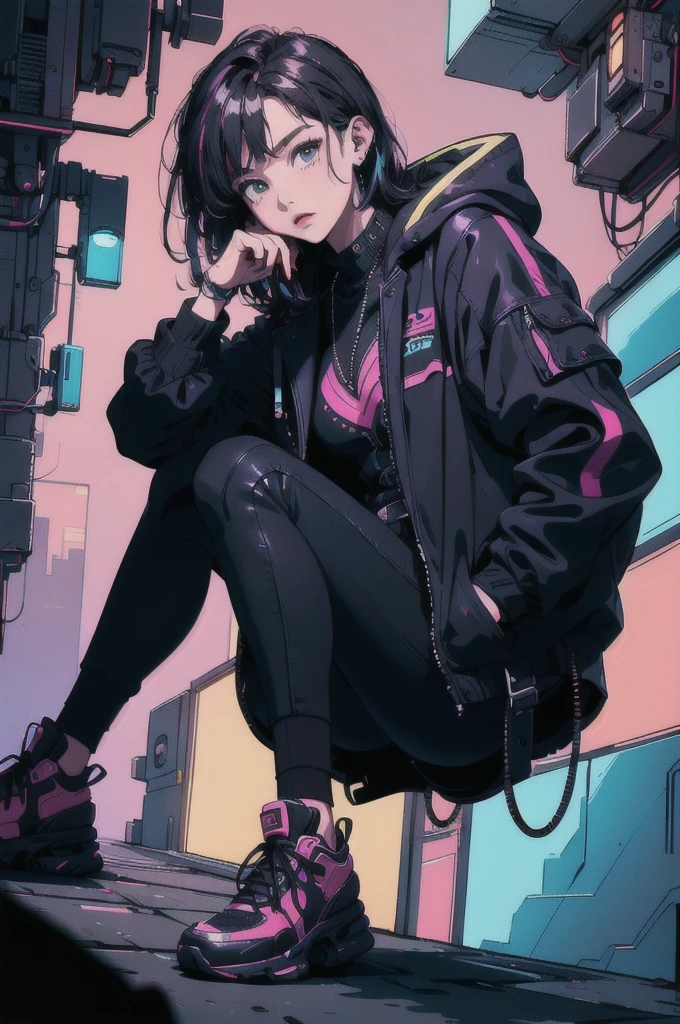 (masterpiece:1.1), (Highest quality:1.1), (detailed:1.1), (Vibrant colors:1.2), break,
(Side view:1.0), (One girl:1.0), (Techwear:1.0), (Sitting:1.0), (tilt your head back:1.2), (look up:1.2), (Put your hands in your pockets:1.0), (cyber punk:1.0), break,
(Starry Night:1.0), (neon:1.1), (Low - Angle:1.0), (From below:1.2), (sityscape:1.2), break,
(cyber punk:1.0), (the 90s), (Retro:1.0), (Synthwave:1.0),