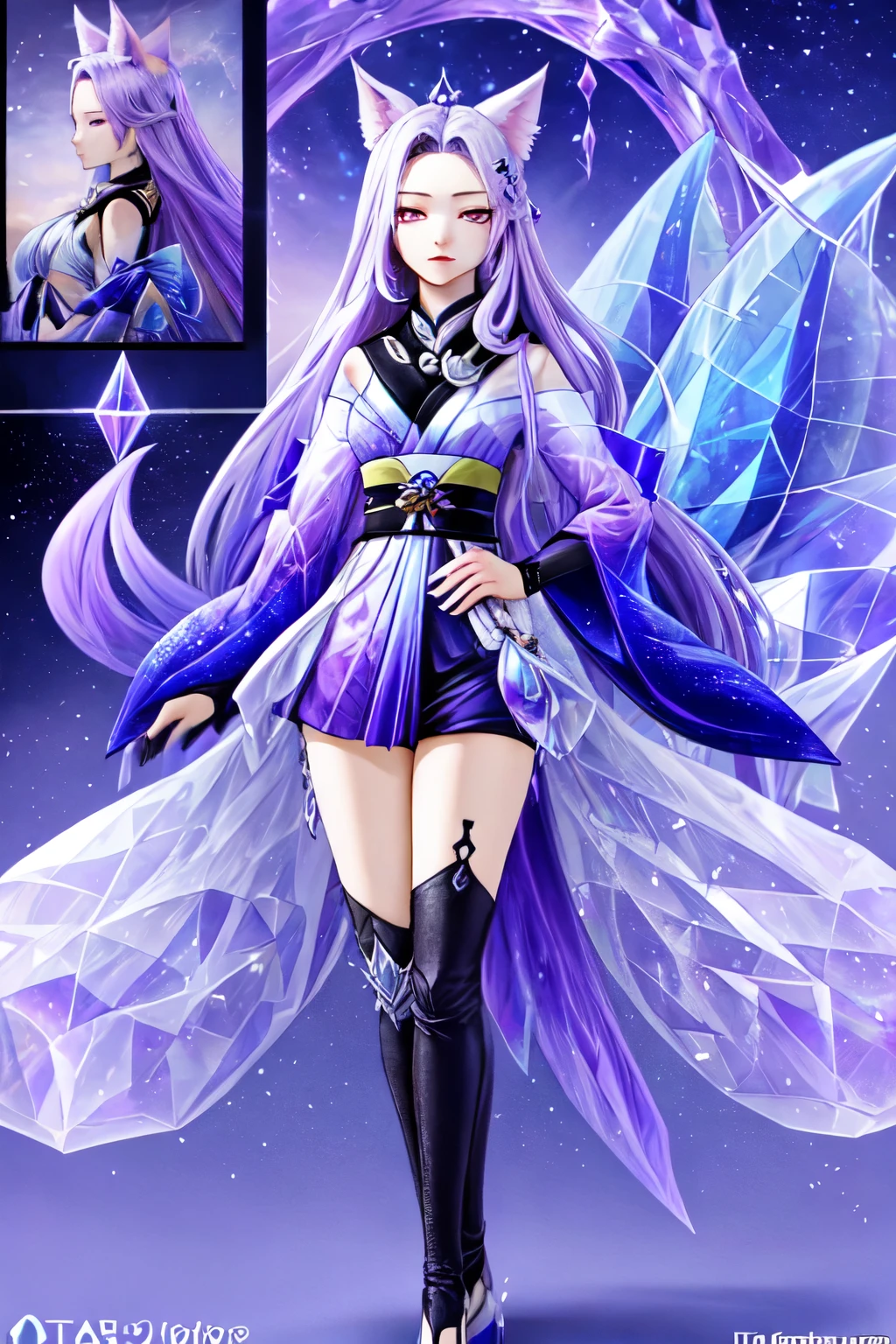 ((best quality)), ((masterpiece)), (detailed), detailed purple eyes, detailed hands, full-body image, humanoid kitsune, wearing a short kimono, crystallized crown, light purple hair, light purple fox ears, 2 translucent crystal foxtails, only 2 translucent crystal foxtails, 1 star shape marking on forehead, delicate and beautiful detailing, detailed hands, well-proportioned detailed purple eyes, well-proportioned hands, well-proportioned face, round detailed purple eyes, beautiful detailed and clear purple eyes, volume smooth and sharp, long flat light purple bangs, fictional art, best photos, best quality, 1 very beautiful and meticulous star shape forehead marking,