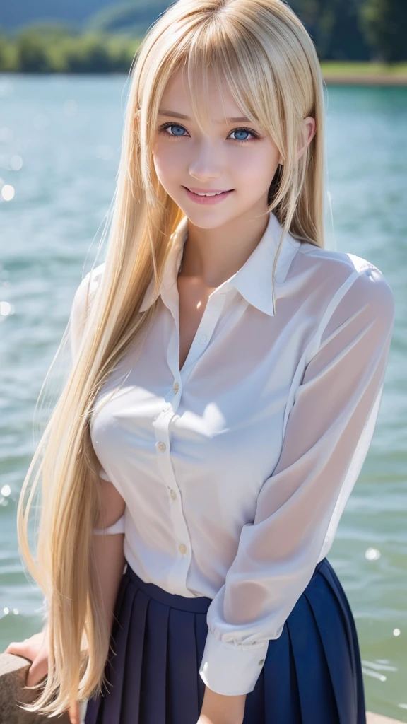 (8K), (Best Quality), (masutepiece:1.2), (Realistic), (Photorealistic:1.37), Ultra-detailed, 1girl in, Cute,((Just get out of the lake)),Smile,Beautiful detailed eyes, beautiful detailed nose, Full body, Wet hair, middlebreasts, ((Dramatic Lighting)),see through,((Wet)),((see through)),(((Pose Seductive))),(((stroking your hair with one hand)))、School Uniforms、bright expression、poneyTail、Young shiny shiny white shiny skin、Best Looks、Blonde reflected light、Platinum blonde hair with dazzling highlights、shiny light hair,、Super long silky straight hair、Beautiful bangs that shine、Glowing crystal clear attractive big blue eyes、Very beautiful nice cute 16 year old girl、Lush bust,White and beautiful blouse、((Rejoice with the whole body 1.5))++、
