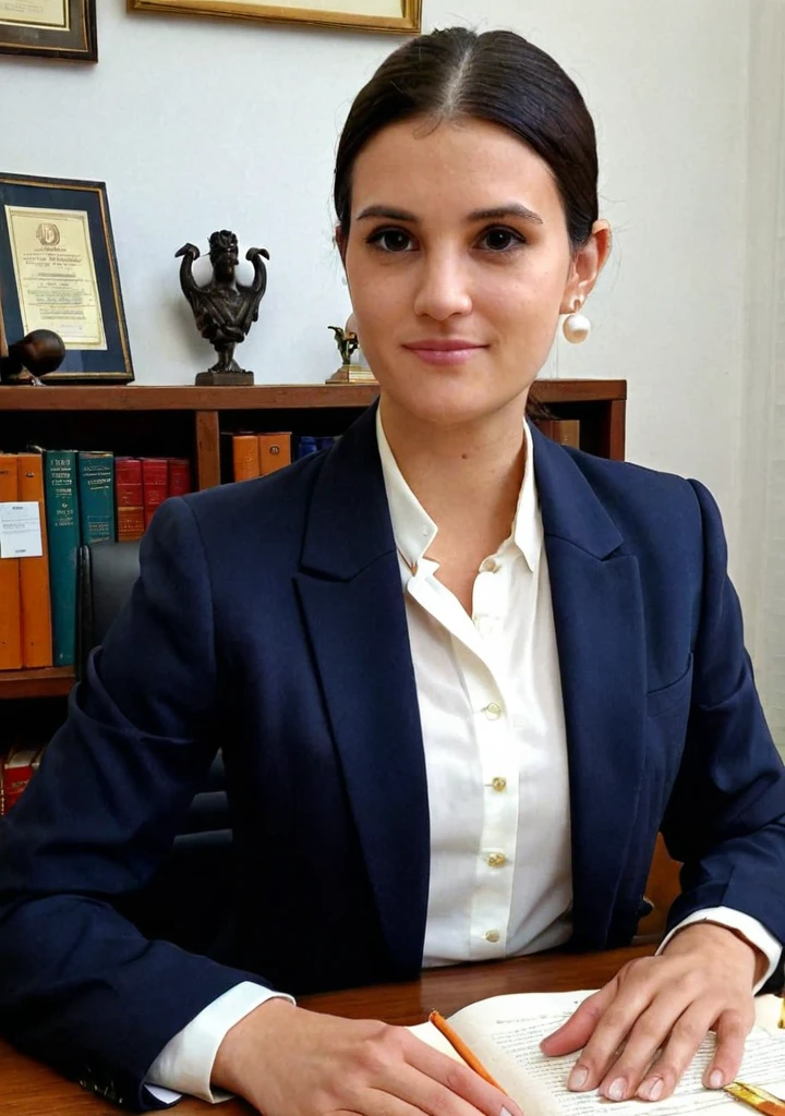 ((half body, professional)), Discreet Brazilian lawyer, ((dark hair in simple bun)), (28 years old), composed, masterpiece, qualidade excepcional, Ultra-detailed, alone, indoor, (((conservative law office))), (((modest professional attire))), ((navy blue blazer)), (((high-necked white blouse))), (small pearl stud earrings), (((hands not visible))), Traditional wooden bookcase background, formal desk setting, (Brazilian Constitution visible), (soft shadows), contrast, neutral office lighting, photorealistic style, (Respectful eye contact: 1.2) ((natural tan skin texture)) (film grain: 1.1), (neutral tones, serious ambiance: 1.3), ((medium shot cropped at mid-chest)), Evenly distributed lighting, no dramatic effects, ultra highres, subtle shadows, .....RAW, half body
