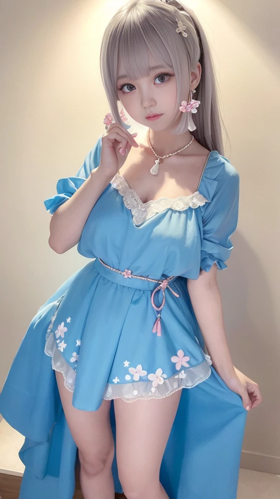 Sweet Girls Clothes 2,Pearl Necklace,Blue Dress,flower,Realistically, high resolution, 1 female, Solitary, (Delicate face), Brown hair, blue eyes、beautiful 、cleveage、mix４, (Best Illustration Award: 1.1), (The best shadow: 1.1), Express、Radiant skin。Practical、(Reality:1.37)、(Korean pop idol)、Messy hair、Medium Length Hair、(Pink blush)、(illuminate)、(solo)、Dynamic poses、(Thin legs)、North African Trade Zone、Very detailed content ambient occlusion、超high resolution, 超Practical, Very detailed content