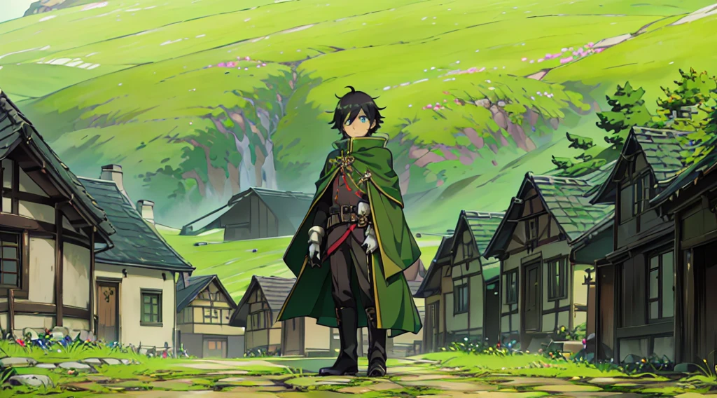 yuichiro hyakuya, (WithoutFear:1), 1 boy, black hair, green eyes, brown coat, gray armor, green shield, green cloak, dark brown gloves, town, white fur trim, tall, anime, standing, good quality, portrait, looking at viewer