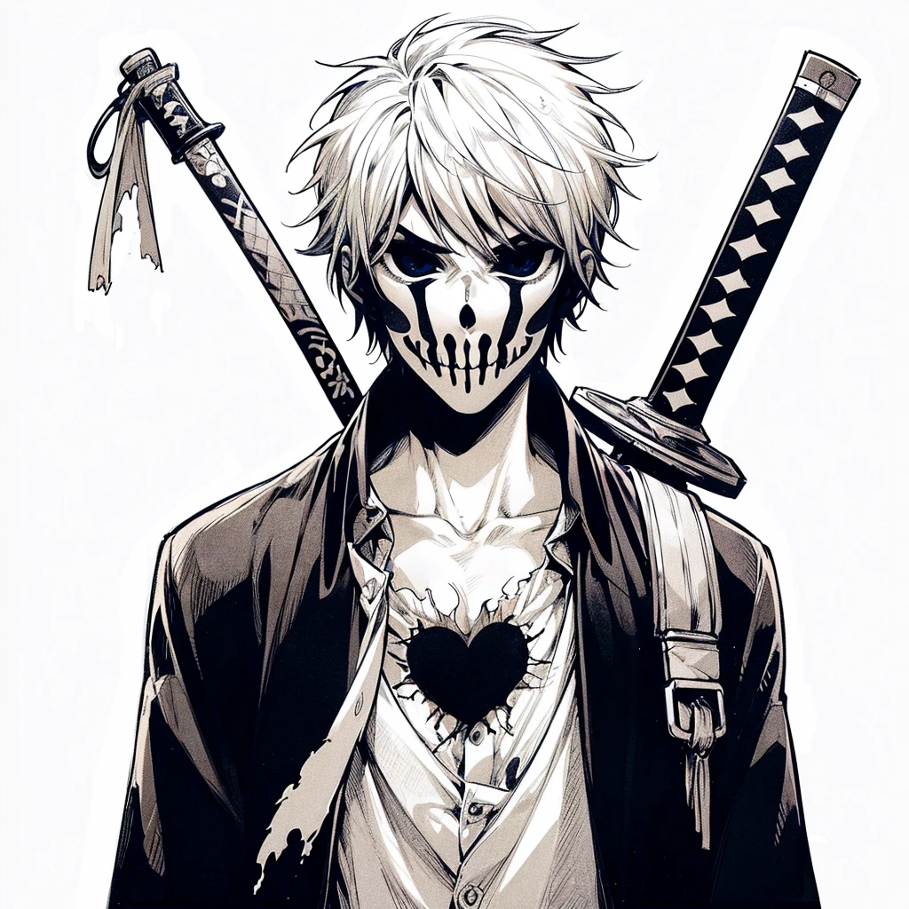 In Yusuke Murata style, Hold the pose, but draw with flat colors, cel shading, limited color palette and simplified lighting. Draw for me, um shinigami, with a sword, He wears a white mask with a drawing of a grim reaper, in the middle of his chest there is a hole, your skin is white your clothes are old and torn.
