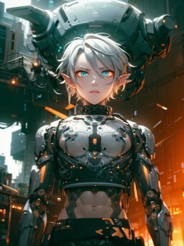Femboy, cyberpunk style, blue hair, blue eyes, 1boy, elf ears, without , six pack abs, cute face