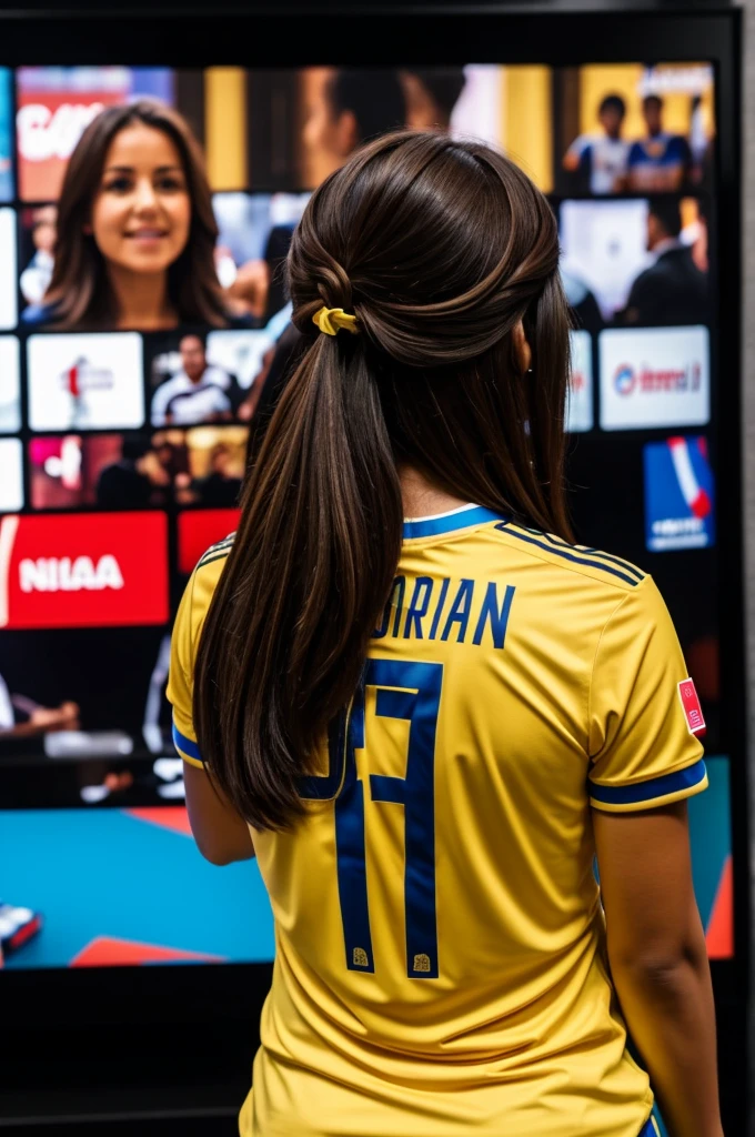 Woman from behind watching large TV screen wearing the Colombia national team t-shirt with the number 10 shirt name Hasbleidy ,dark brown hair color smooth hair