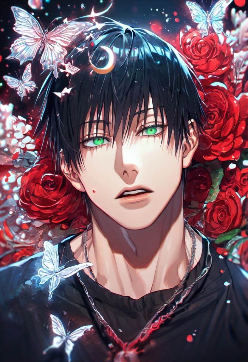 absurdres, highres, ultra detailed, HDR, master piece, extremely detailed, Fushiguro Touji, black straight hair, expressive green eyes, Jujutsu Kaisen, sexy man, handsome, best quality, crescent moon, red flowers, fantasy, magical, solo, red water, red shining fireflies, red petals, silver small butterflies, red dust, black tight shirt,