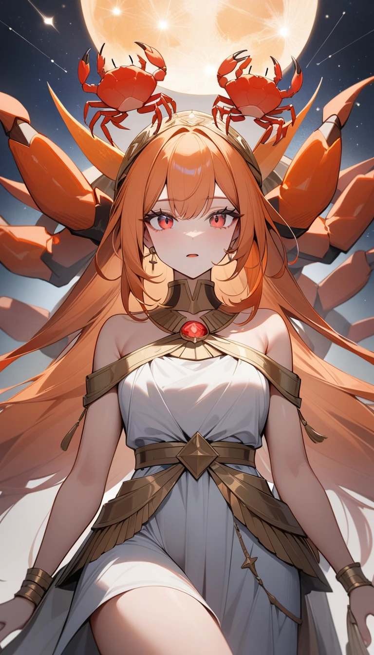 （Huang Li、high quality、Extremely detailed），Constellation-Cancer Goddess，Huge crabs，Woman stroking crab，Similar to Latin goodness，brave，capricious，Productivity，The face of enterprising and humanitarianism，Long orange hair，Ancient Greek costumes、Wrap Dress，Conservative clothing，The background is the universe，Crystal red eyes（Eyes Details），Powerful appearance, Correct anatomy