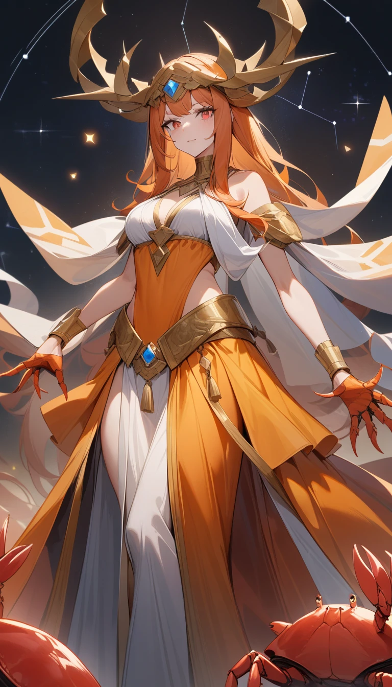 （Huang Li、high quality、Extremely detailed），Constellation-Cancer Goddess，Huge crabs，Woman stroking crab，Similar to Latin goodness，brave，capricious，Productivity，The face of enterprising and humanitarianism，Long orange hair，Ancient Greek costumes、Wrap Dress，Conservative clothing，The background is the universe，Crystal red eyes（Eyes Details），Powerful appearance, Correct anatomy