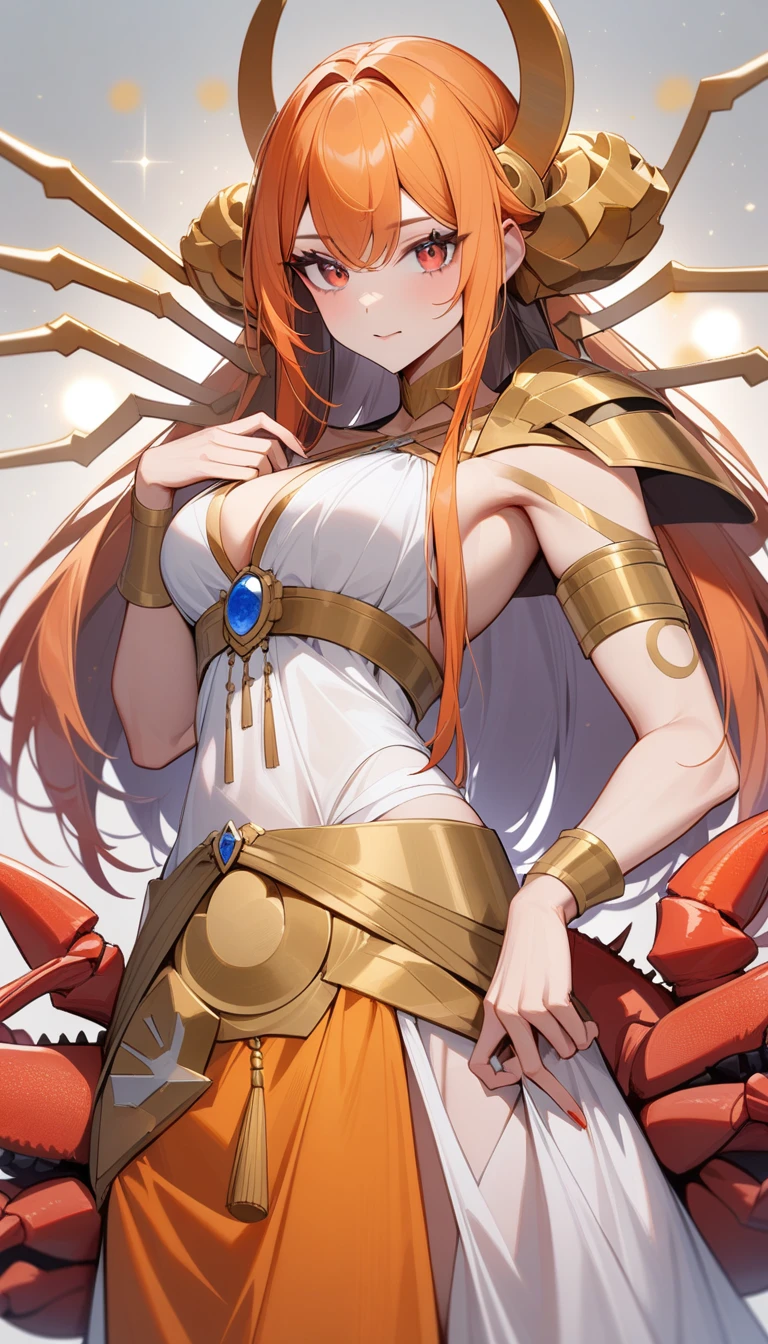 (Huang Li、high quality、Extremely detailed),Constellation-Cancer Goddess,Huge crabs,Woman stroking crab,Similar to Latin goodness,brave,capricious,Productivity,The face of enterprising and humanitarianism,Long orange hair,Ancient Greek costumes、Wrap Dress,Conservative clothing,The background is the universe,Crystal red eyes(Eyes Details),Powerful appearance, Correct anatomy