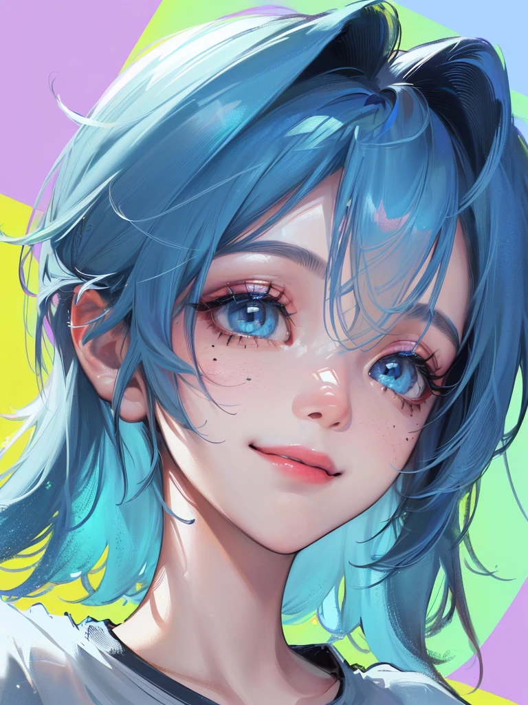 (((One woman)))、(Top resolution、Distinct_image) best qualtiy、(((Pop)))、1990's、((colorful backdrop))、((illuminating))、ighly detailed、Semi-realistic、Sky blue colored hair、((hairstyle I made、A smile、bangss、20yr old、young、((tshirts))、delicate facial features facial features、View from below、((Detailed eyes))